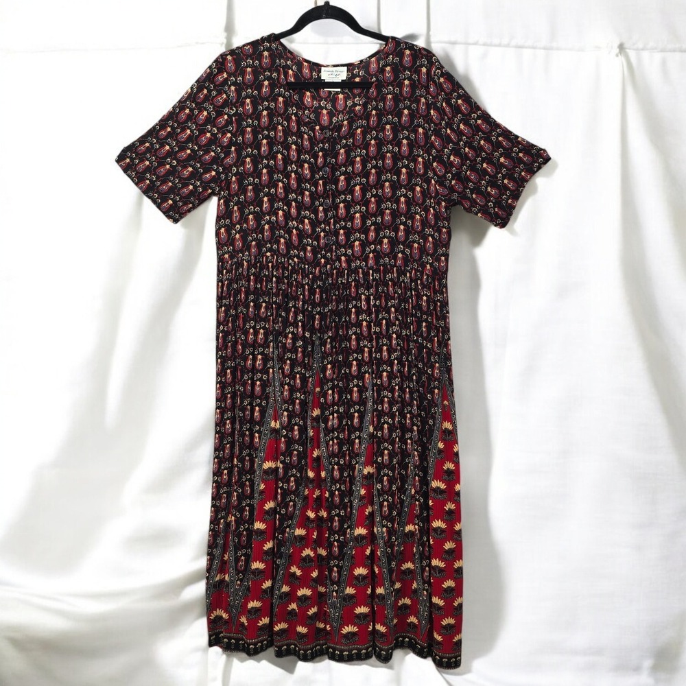 Amanda Stewart Leisurewear Dress Large Paisley Print Rayon Casual Black Red Boho
